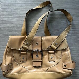 Vintage Tan Leather Shoulder Tote Bag with Buckle Detail
